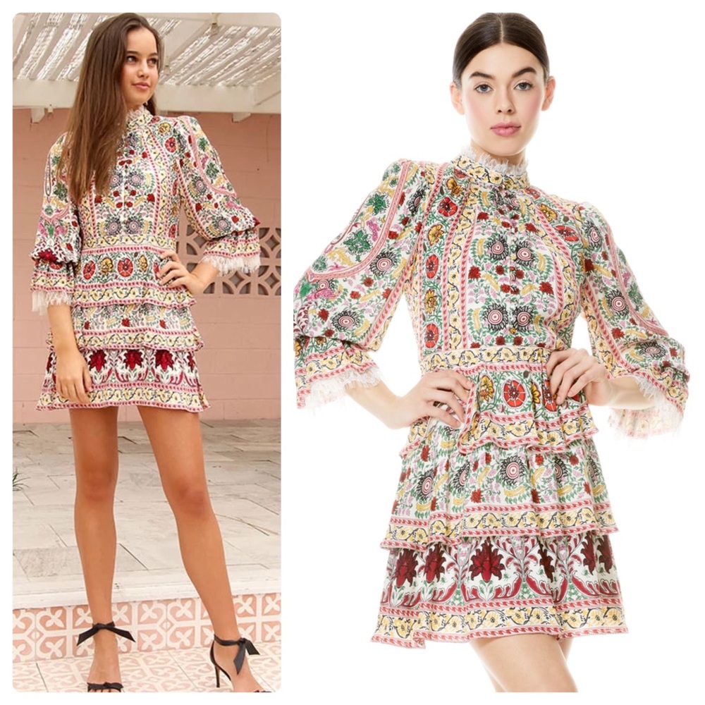 ALICE + OLIVIA Lawson Mock Neck Floral Mini Dress - Picture 1 of 13